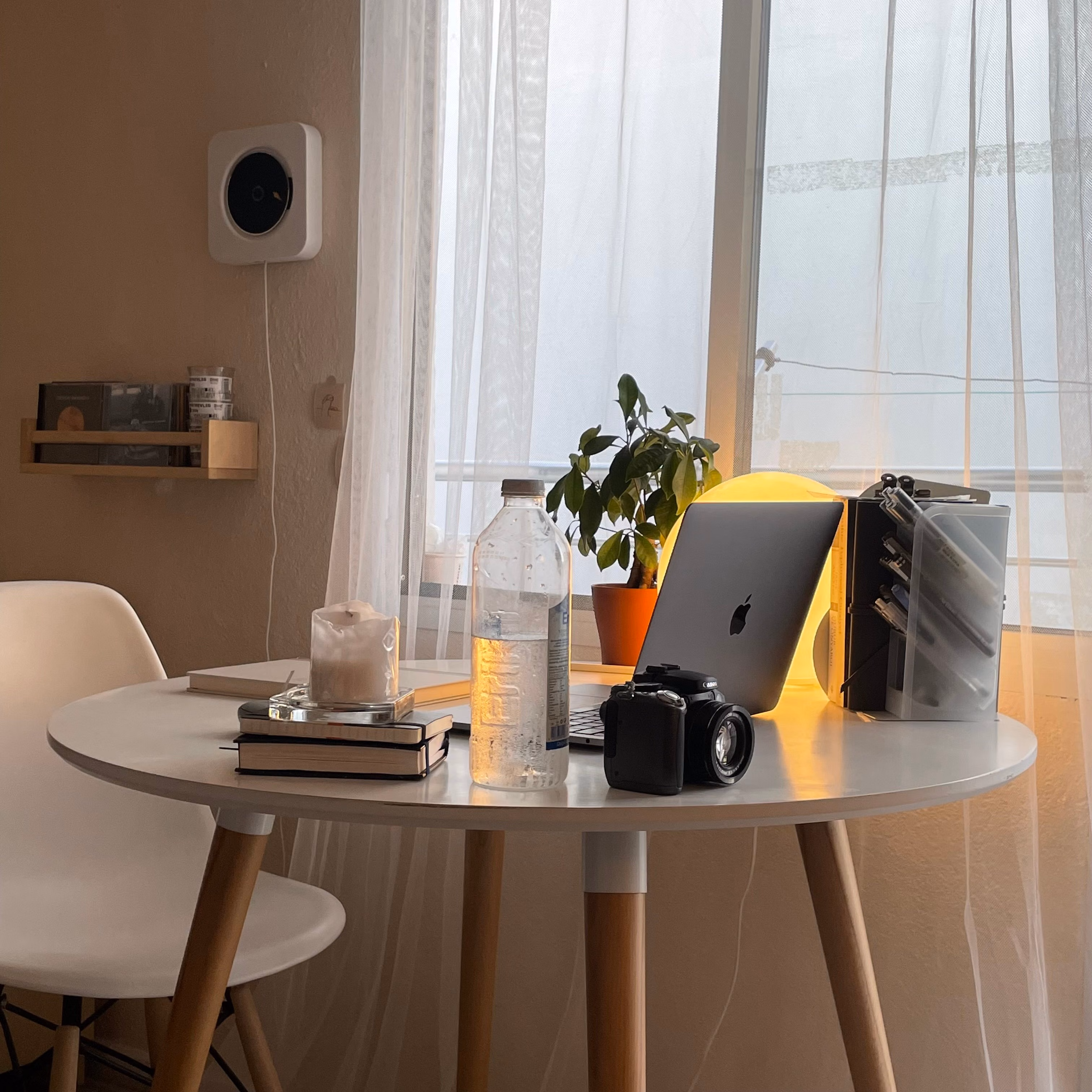 A glass of water, a notebook, and a small plant on a table near a window in morning light
